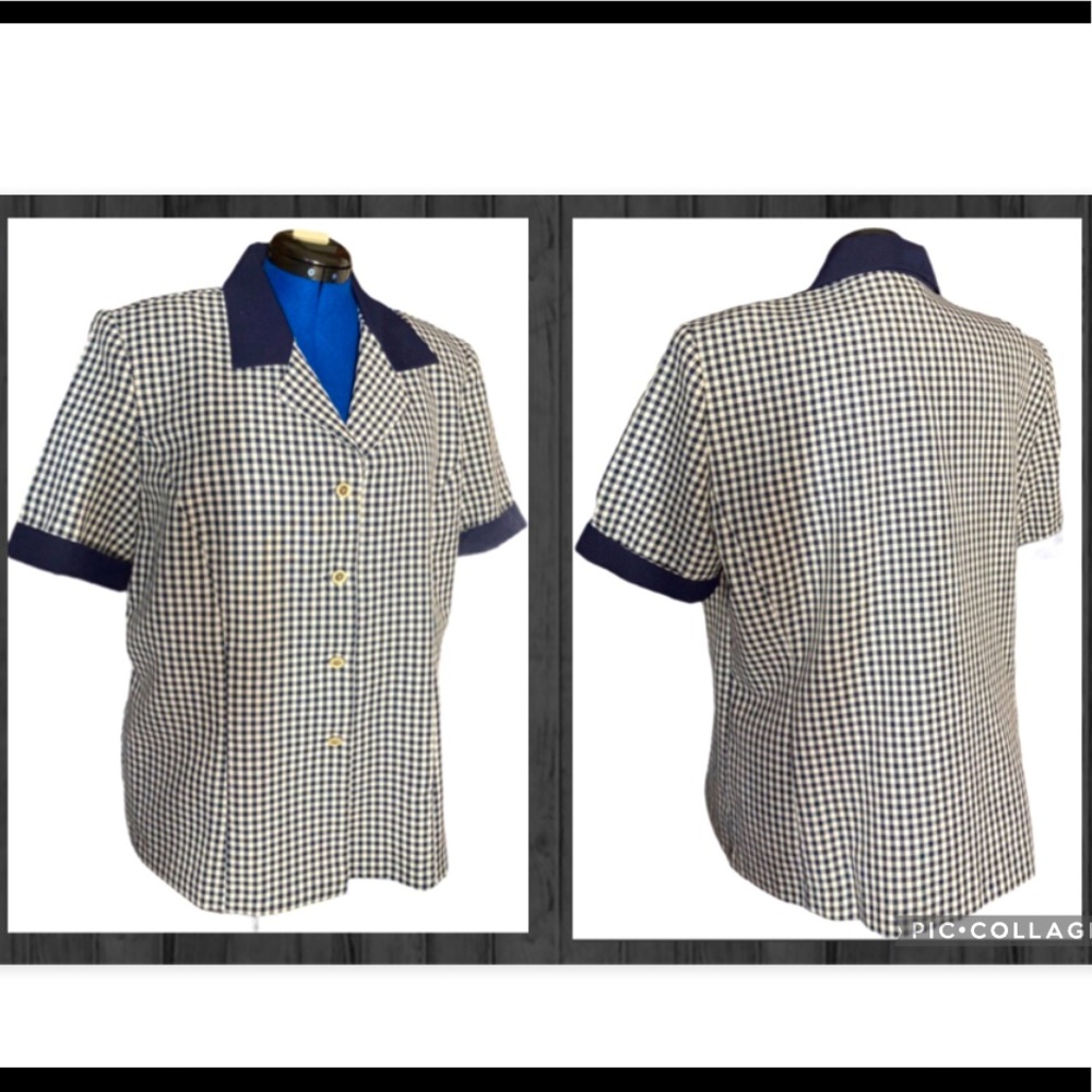 Elizabeth Williams Vintage Blouse Top Button Up Size XL Checkered Workwear
